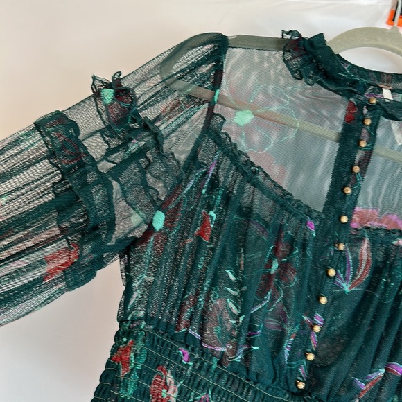 Free People Time for Shine Sheer Green Floral Crop Long Sleeve Top - Picture 3 of 10